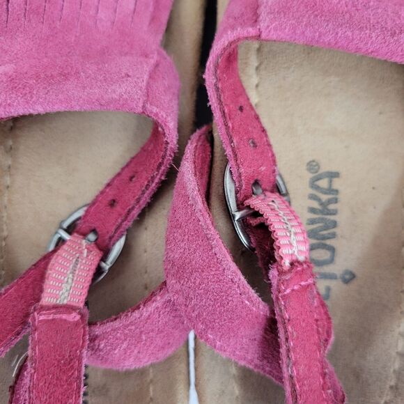 Minnetonka Pink Suede Fringe Platform Wedge Sandals Women's Size 9 - Picture 14 of 14